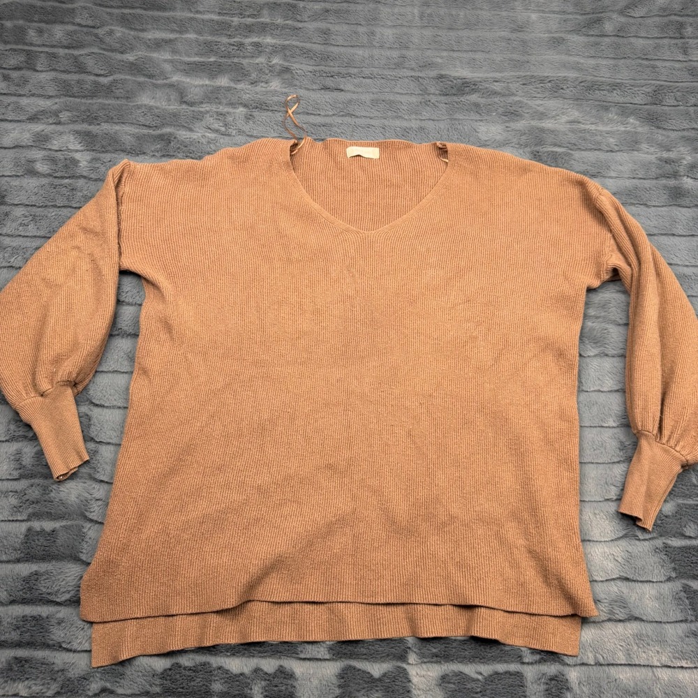 Altar'd State V-Neck Ribbed Balloon Sleeve Sweater Camel Brown T5285 Large
